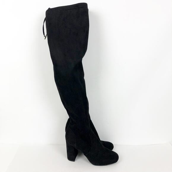 BP Womens Thigh High Boots 7.5 Black Faux Suede Pull On Lace Up Top NWOB - Picture 1 of 11